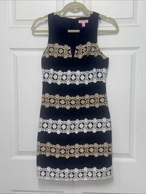 Blue Sleeveless Mini Dress with White and Gold Crochet Stripes